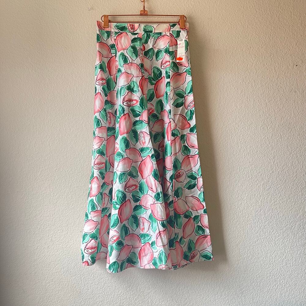 NWT deadstock lemon print‎ linen printed midi skirt vintage 80s xs